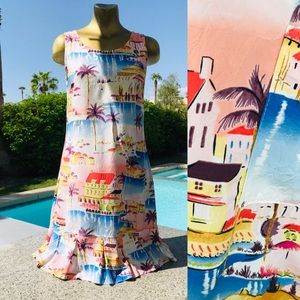 VINTAGE 80s LINE TWO French Riviera Print RESORT DRESS Size Small
